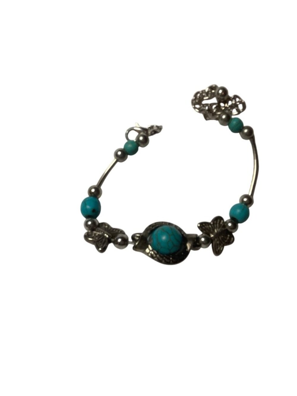 Handcrafted Turquoise & Silver-tone Butterfly Charm Bracelet With Adj. Chain 7"
